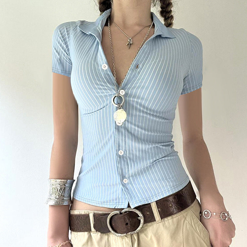 Fashionable Striped Color Matching Breasted Puff Sleeve Top Sexy Intellectual Pleated Chest Flattering Shirt