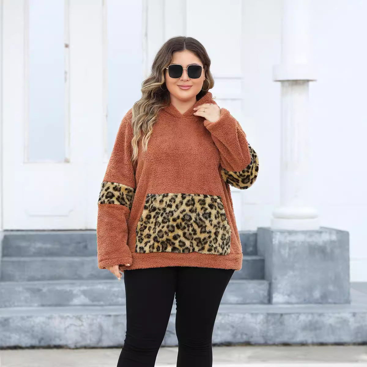 Plus Size Women Hooded Leopard Pocket Fleece Sweatshirt  Shop One Place