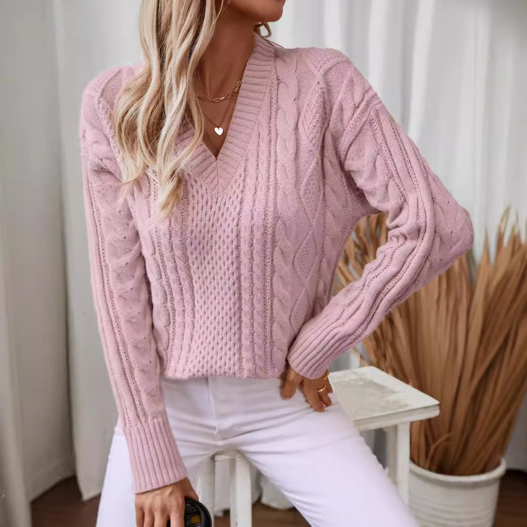 V Neck Pullover Vintage Twisted Pattern Sweater