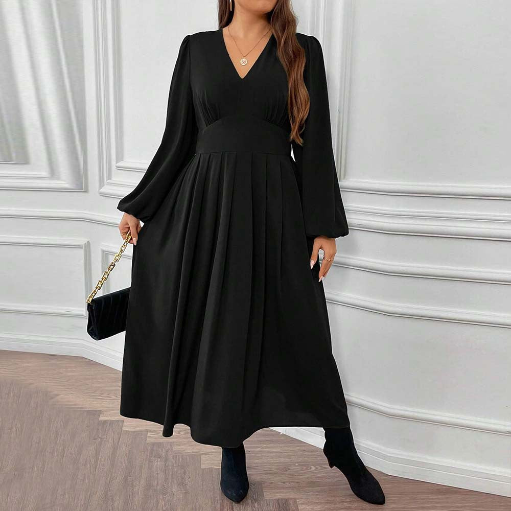 Plus Size Women Clothing Sexy V Neck Waist Puff Sleeve Midi Dress Large Swing Dress