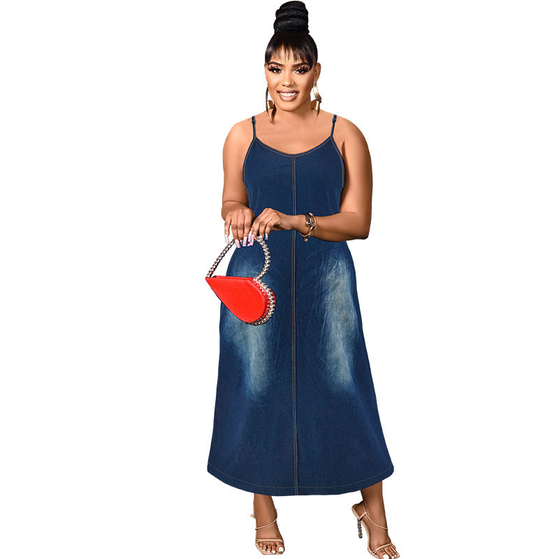 Plus Size Women Clothing Denim Sling Maxi Dress