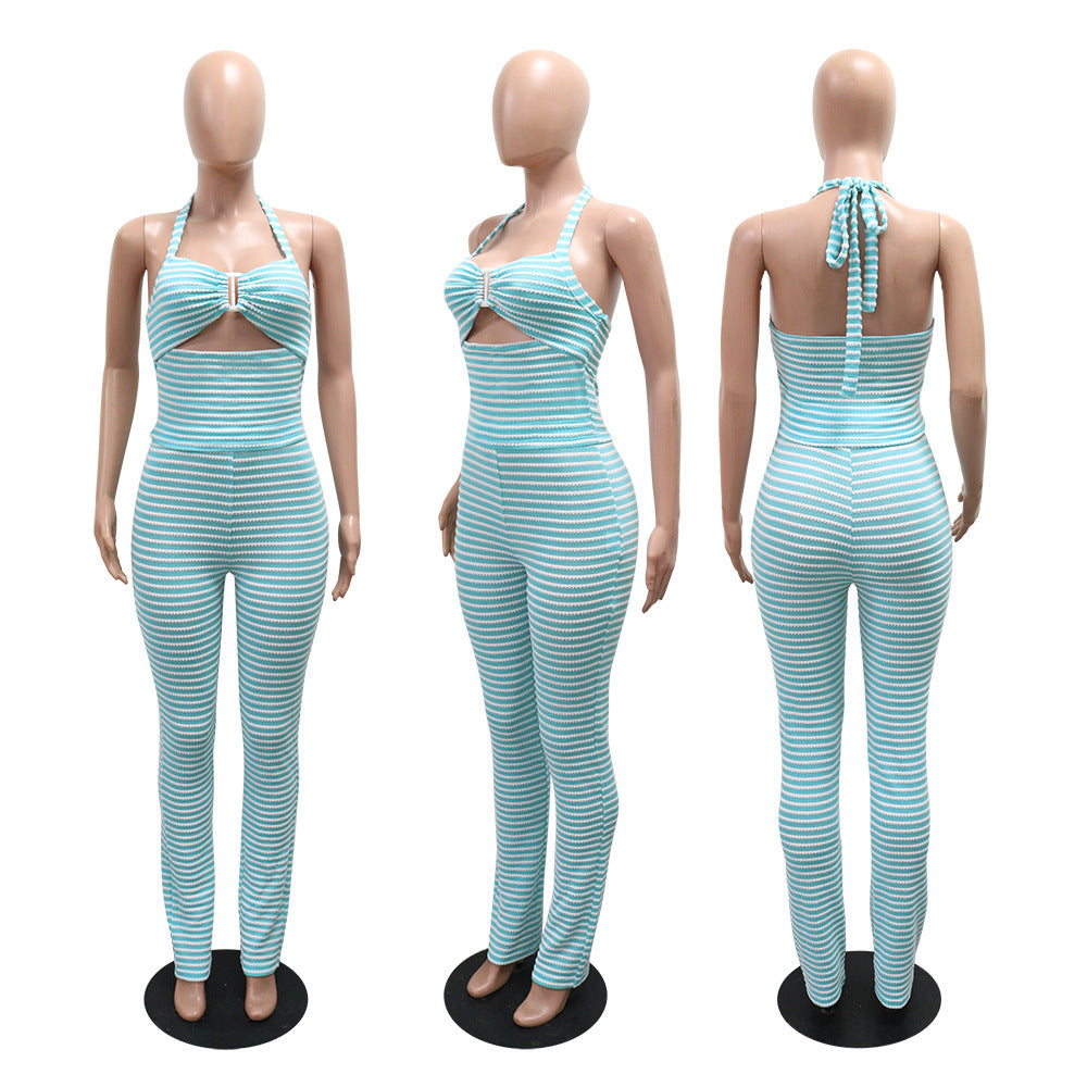 Knotted Short Sexy Top Match Slim Fit Pencil Pants Two-Piece Jacquard Stripes  Shop One Place