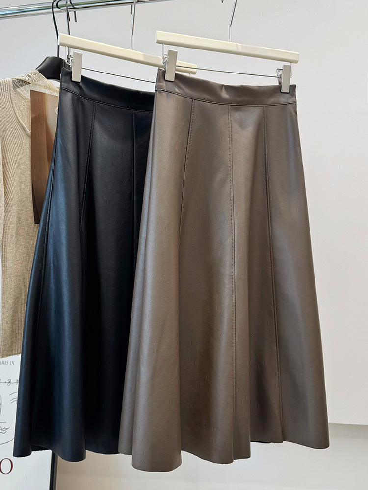 Draping French A Line Umbrella High Waist Hepburn Faux Leather Skirt