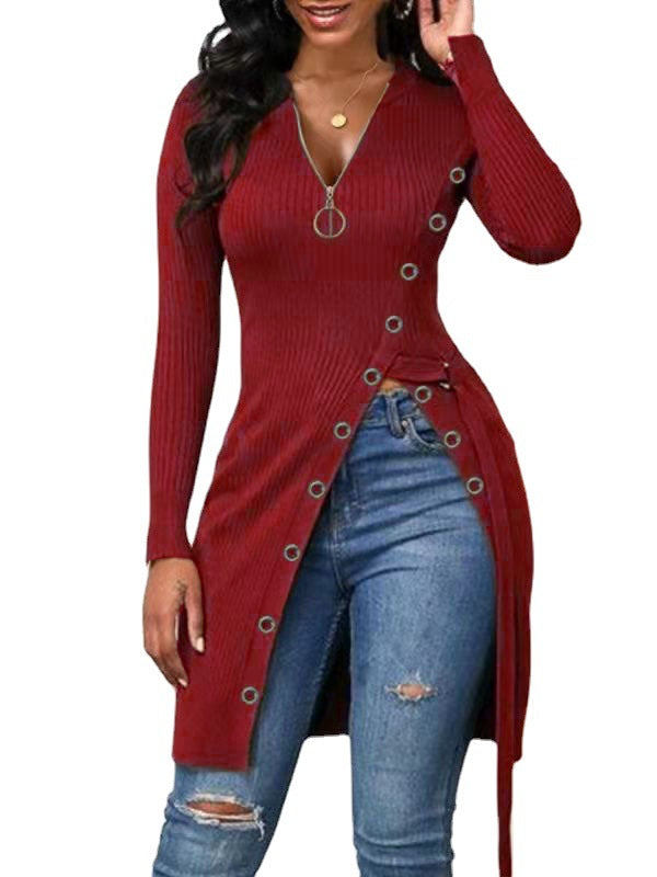 Autumn Winter Women Clothing V-neck Long Sleeve High Slit Thread Zipper T-shirt Top  Shop One Place