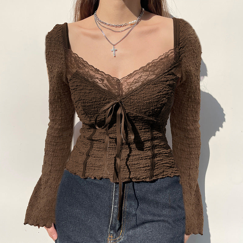 European Retro Low-Cut V Neck Lace Stitching Ruffle Lace Up Long Sleeve Top