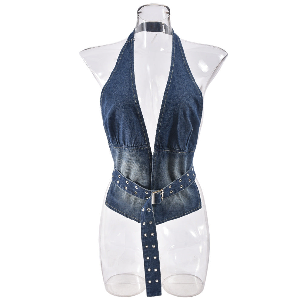 Women's Summer Denim Washed Adjusting Belt Top