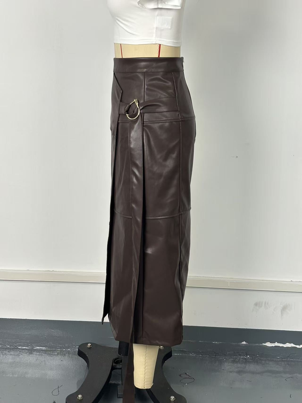 Faux Leather Asymmetric Midi Skirt with Belt