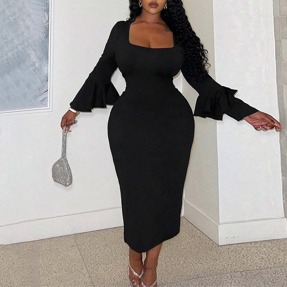 Plus Size Sexy Elegant Square Collar Ruffle Sleeve Slim Midi Dress