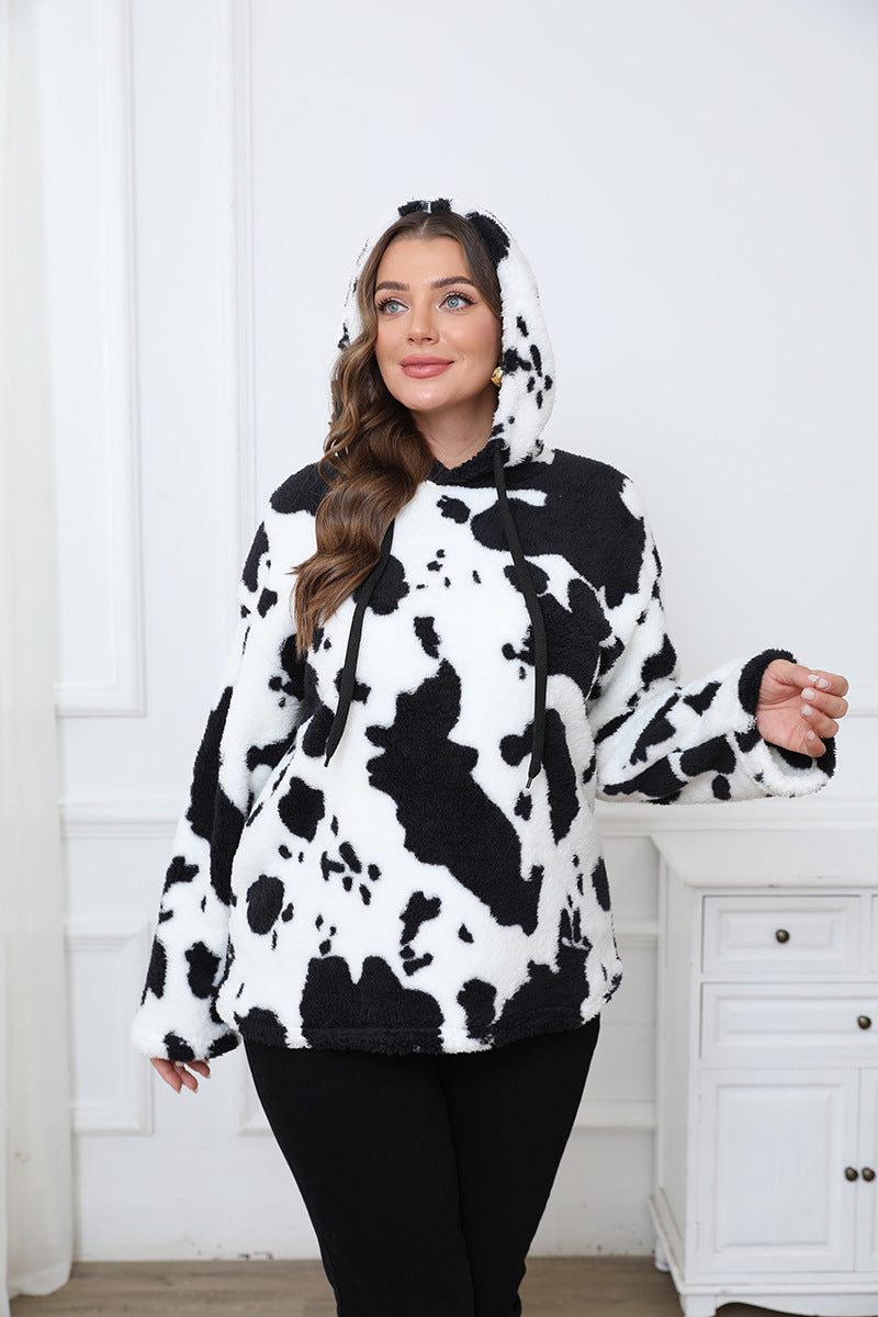Loose Casual Cow Plush Long Sleeved plus Size Hooded Sweater  Shop One Place