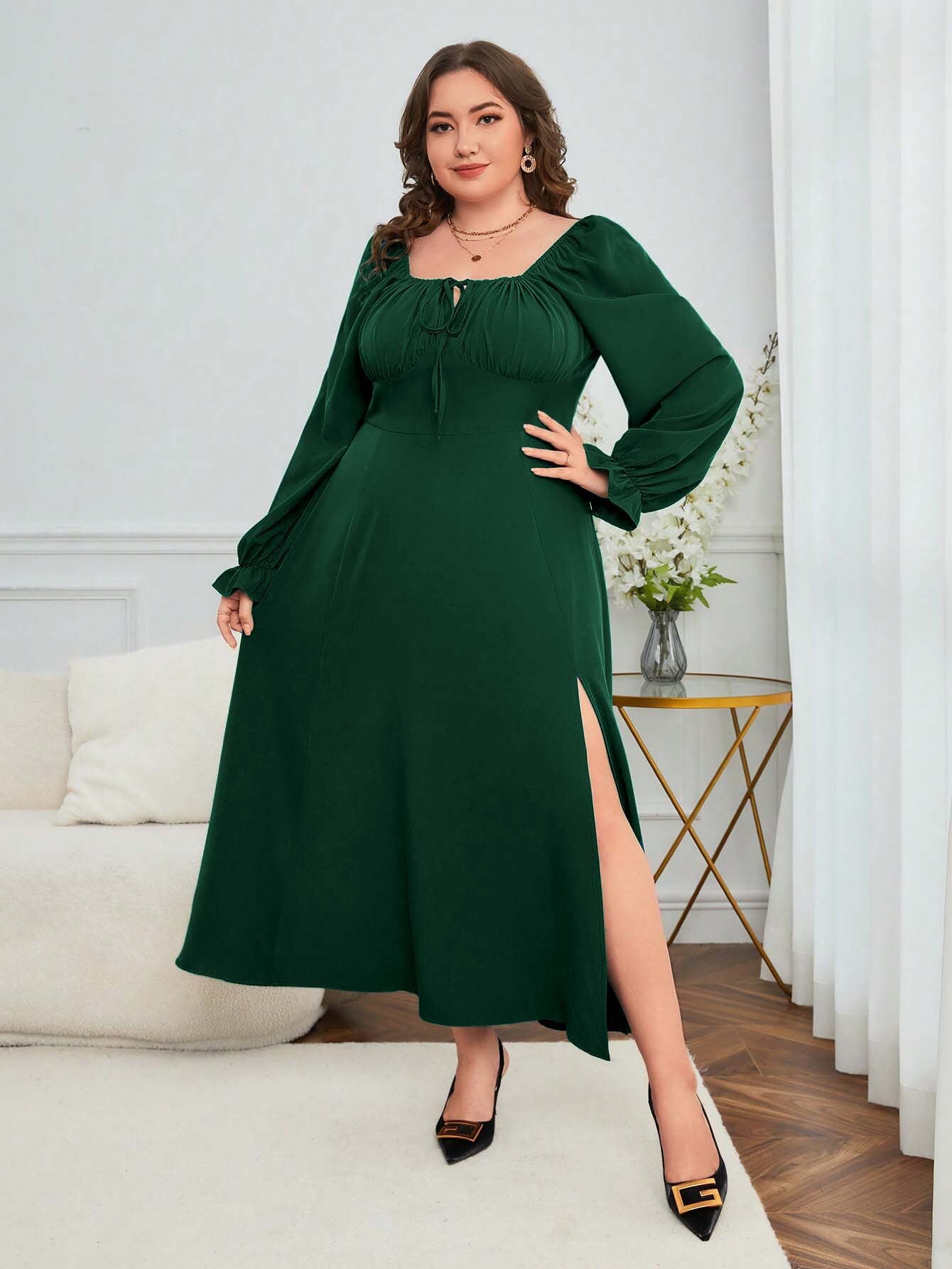 Plus Size French Elegant High Waist Slit Square Collar Midi Dress