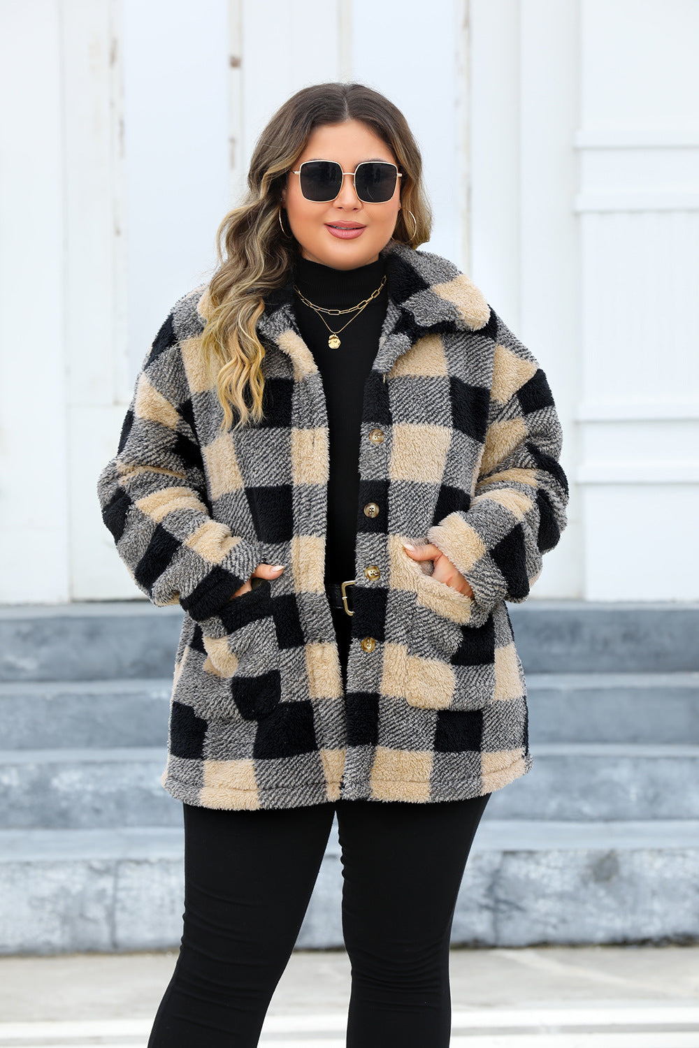 Plus Size Plaid Thickened Fleece Turn Down Collar Coat