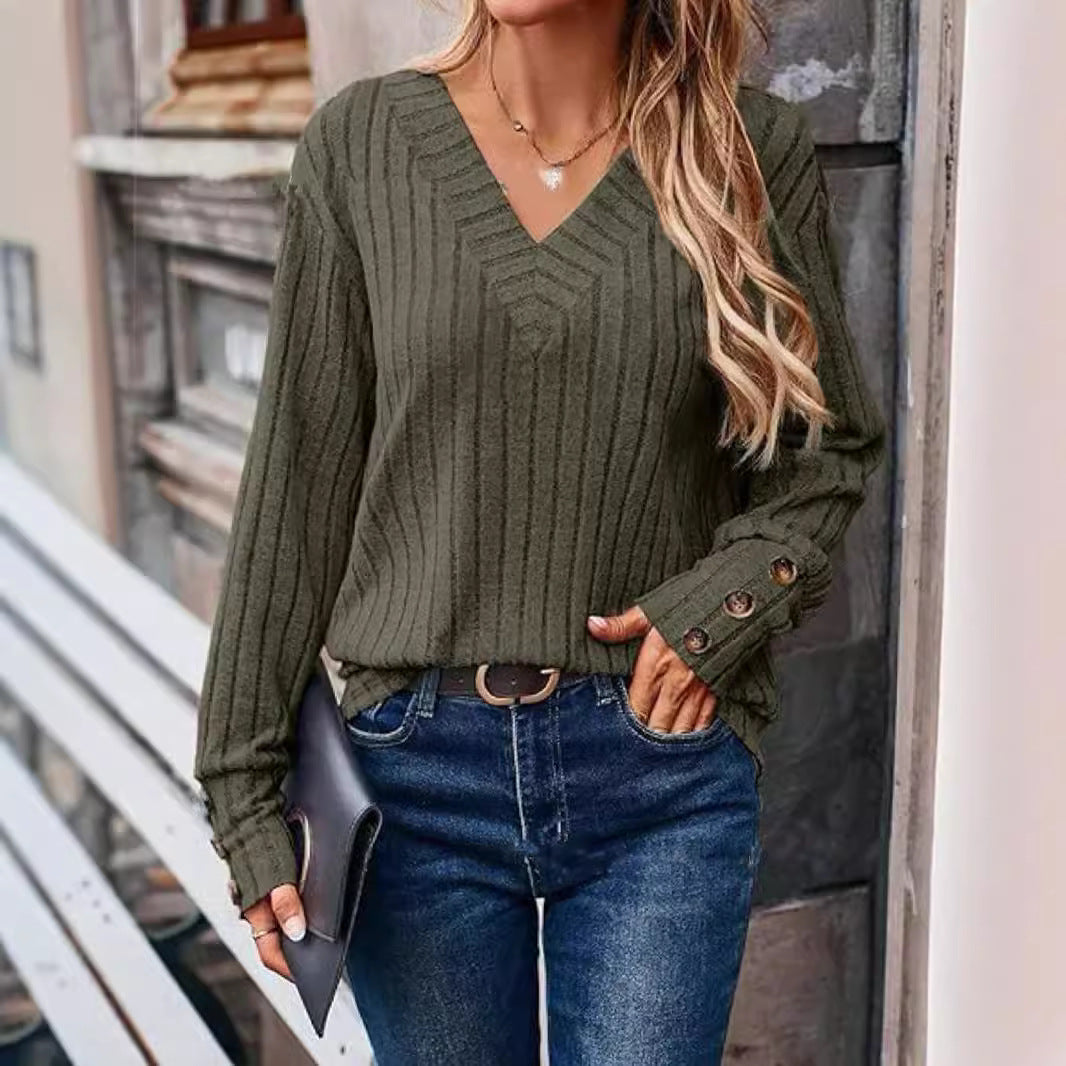 Rib Sunken Stripe V Neck Button Long Sleeved Sweater