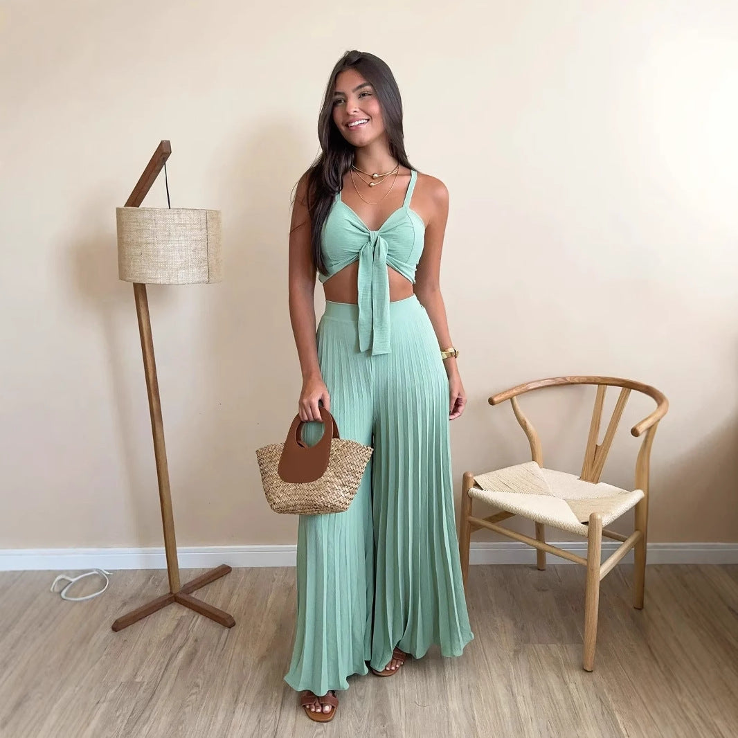 Women’s Two-Piece Set – Camisole Top & Pleated Wide-Leg Pants Outfit for Casual Chic Style  Shop One Place
