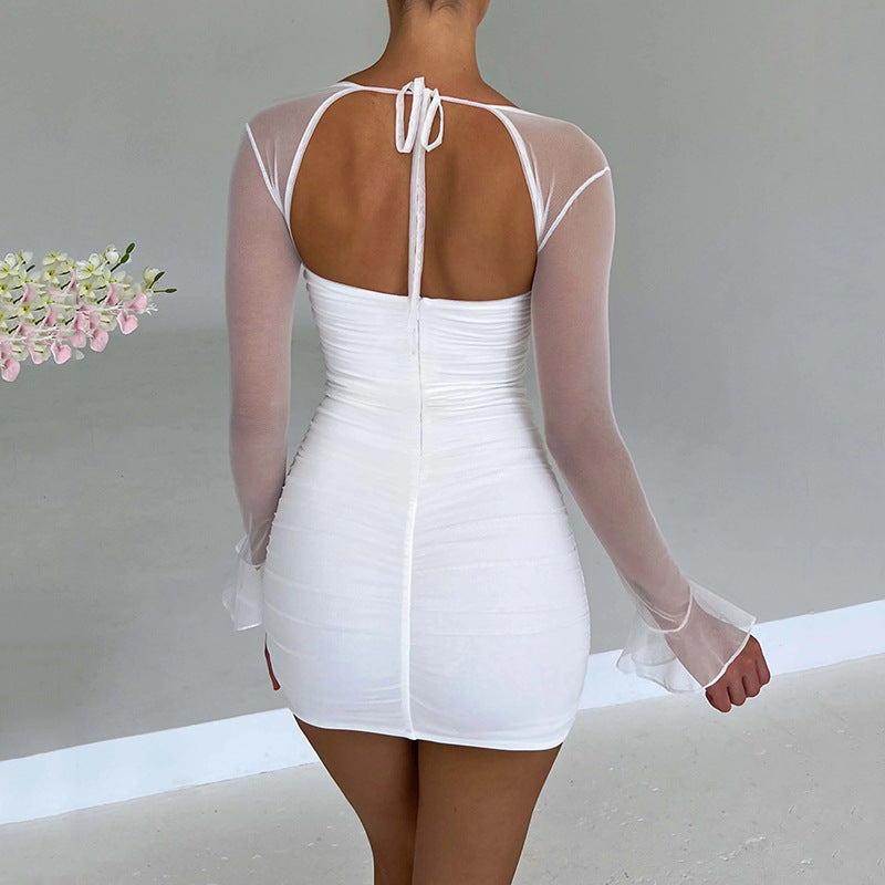 See through Long Sleeve Backless Hip Dress