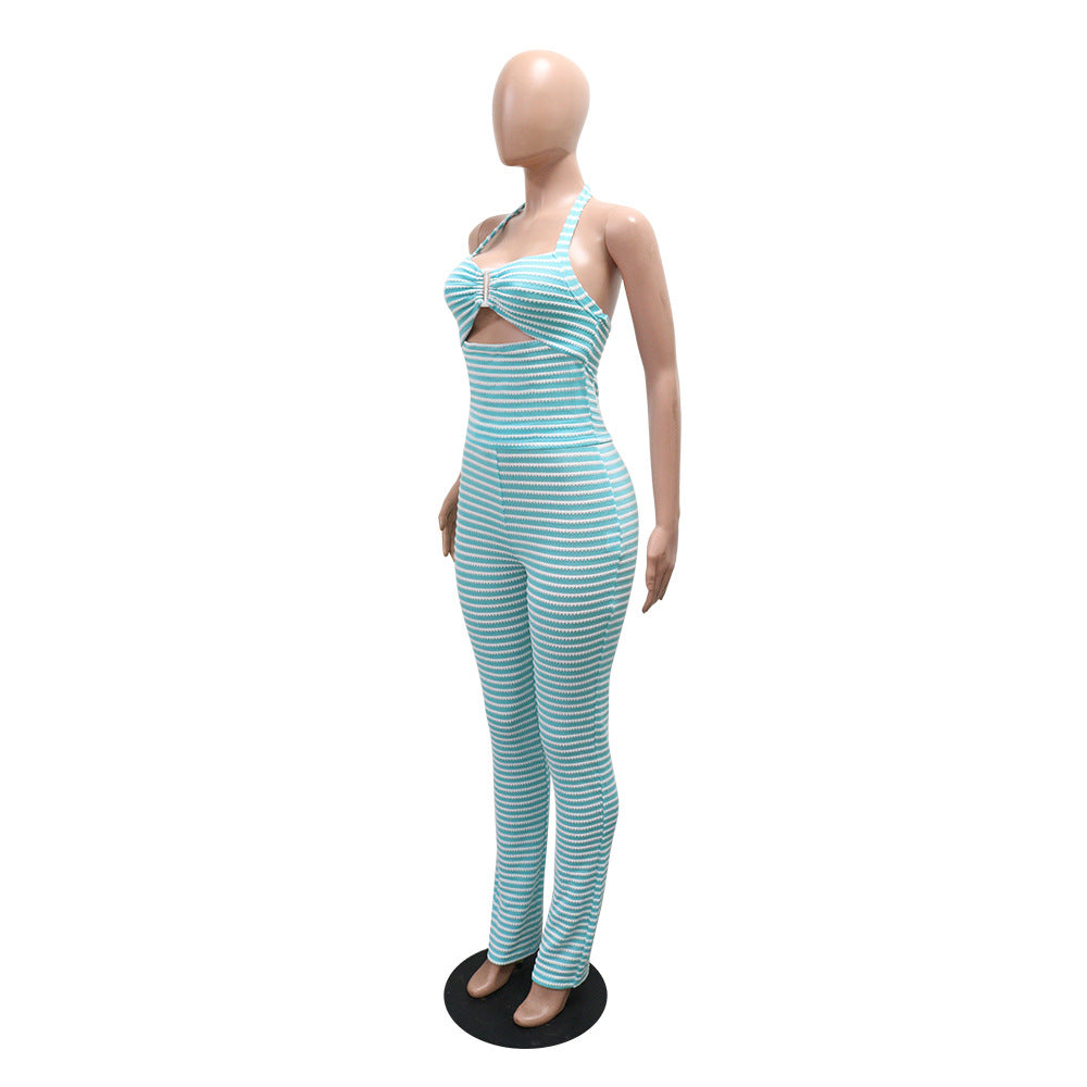 Knotted Short Sexy Top Match Slim Fit Pencil Pants Two-Piece Jacquard Stripes  Shop One Place