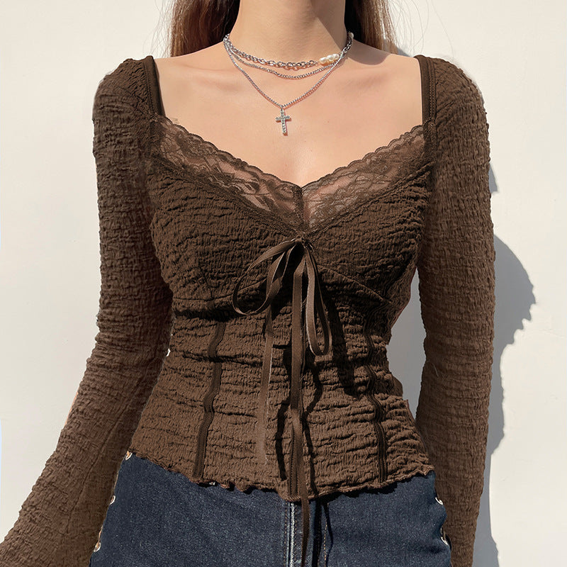 European Retro Low-Cut V Neck Lace Stitching Ruffle Lace Up Long Sleeve Top