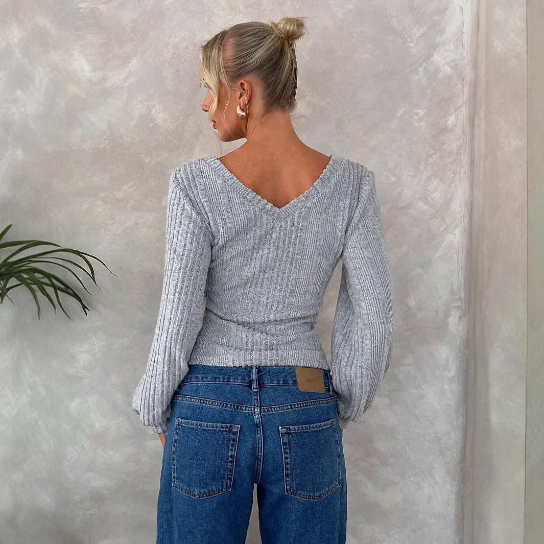 Lantern Sleeve Slim V-Neck Blouse  Shop One Place