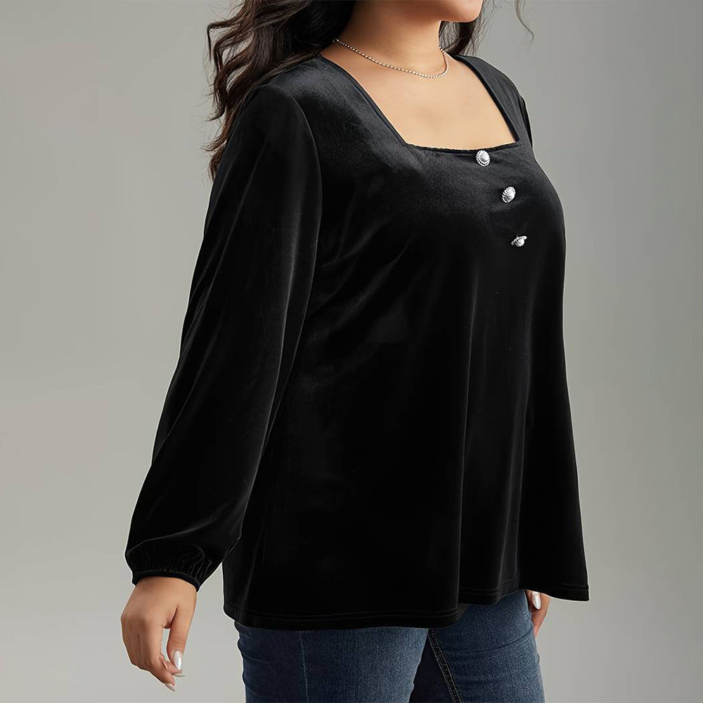 Plus Size Women Elegant Velvet T Shirt Autumn Winter Square Collar Long Sleeve Loose Solid Color Top