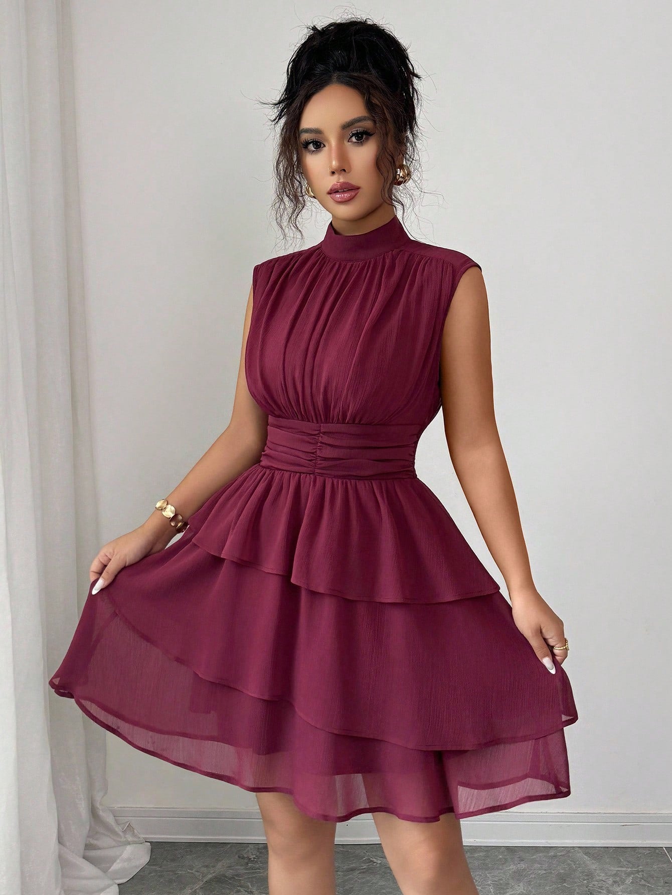Casual Half Turtleneck Sleeveless Waist Solid Color Cake Layer Short Dress  Shop One Place