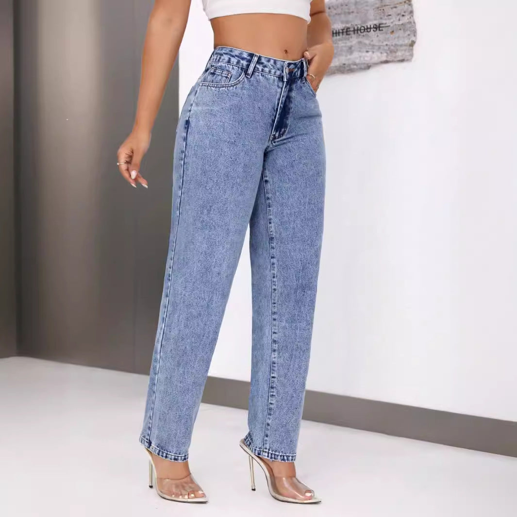 Women's Retro High Waist Denim Straight Leg Trousers