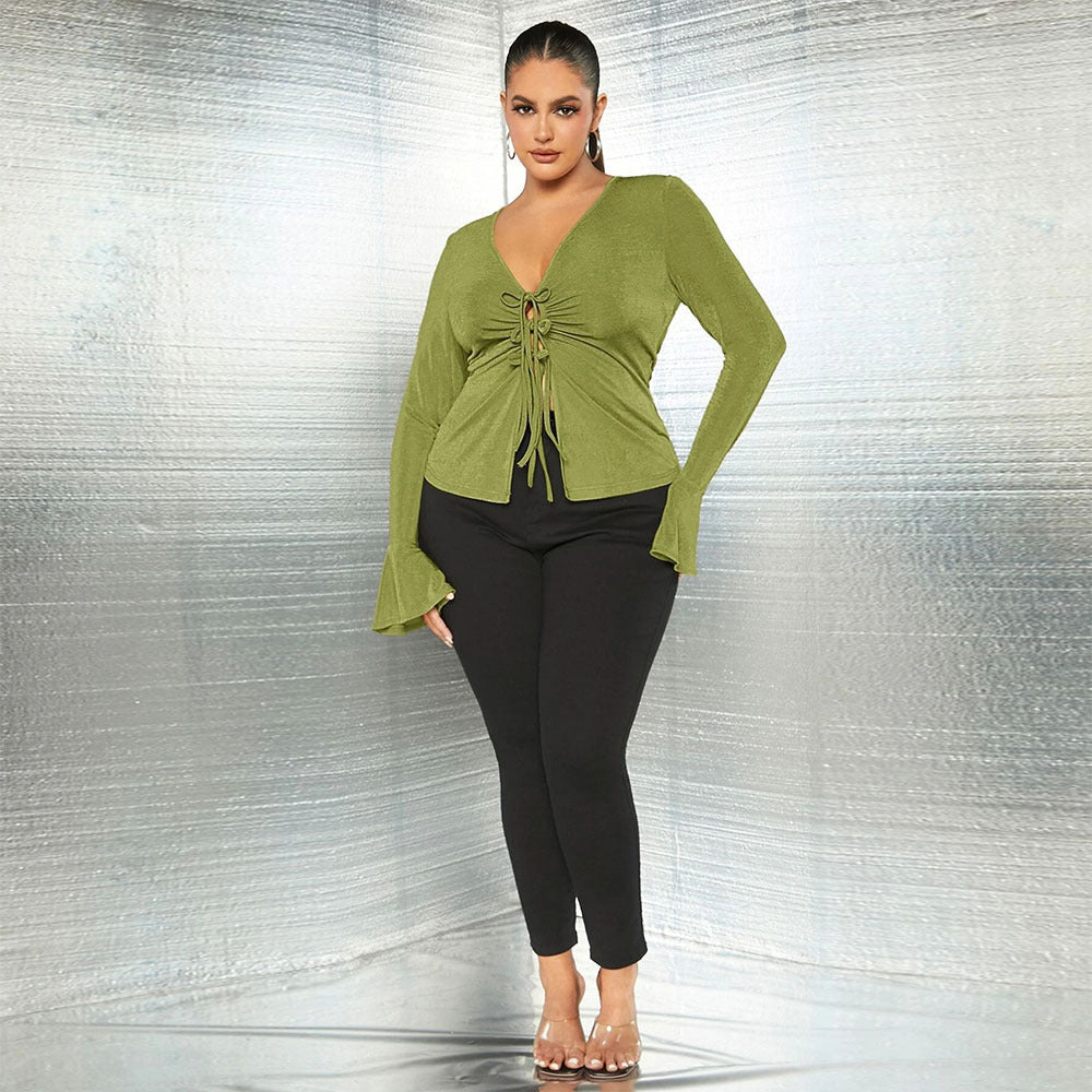 Plus Size Women's Slim Fit Lace up V neck Knitted Long Sleeves Shirt  Shop One Place
