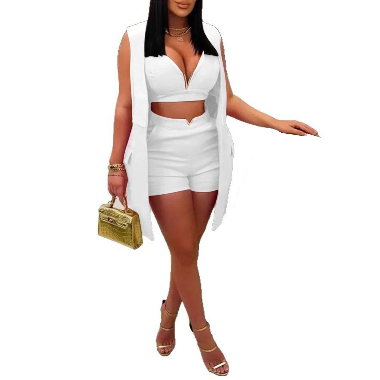 Women’s 3-Piece Short Set – Vest and Collared Cardigan  Shop One Place