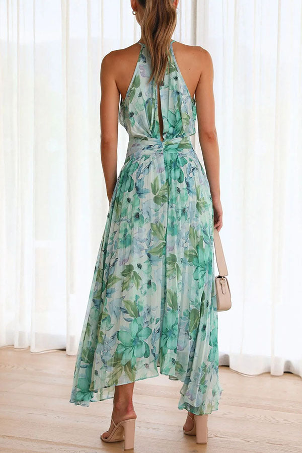 Halter Sleeveless V Neck Printed Large Swing Maxi Dress  Shop One Place
