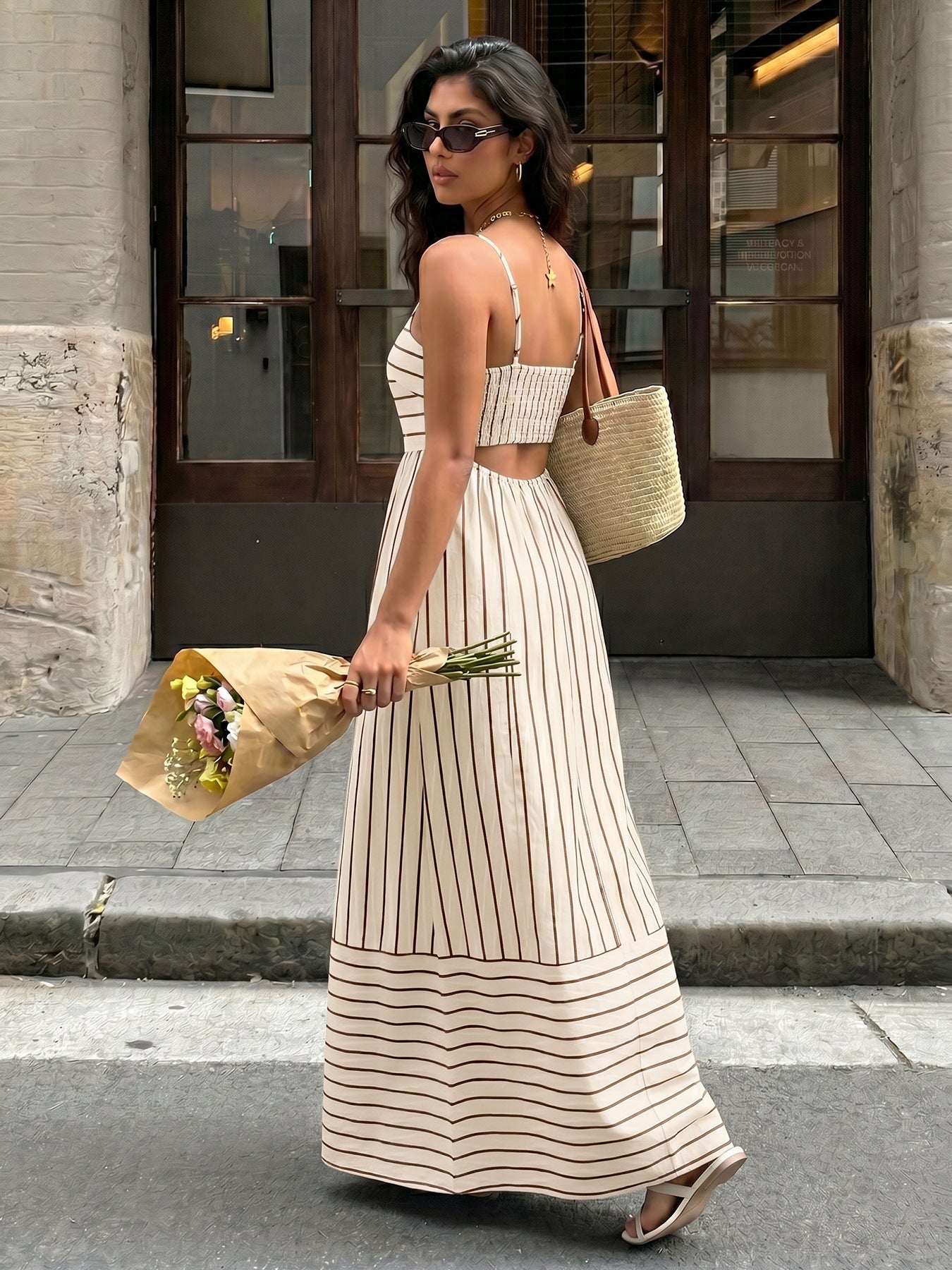Casual Vacation Striped Spaghetti Straps Backless Waist Trimming Dress  Shop One Place