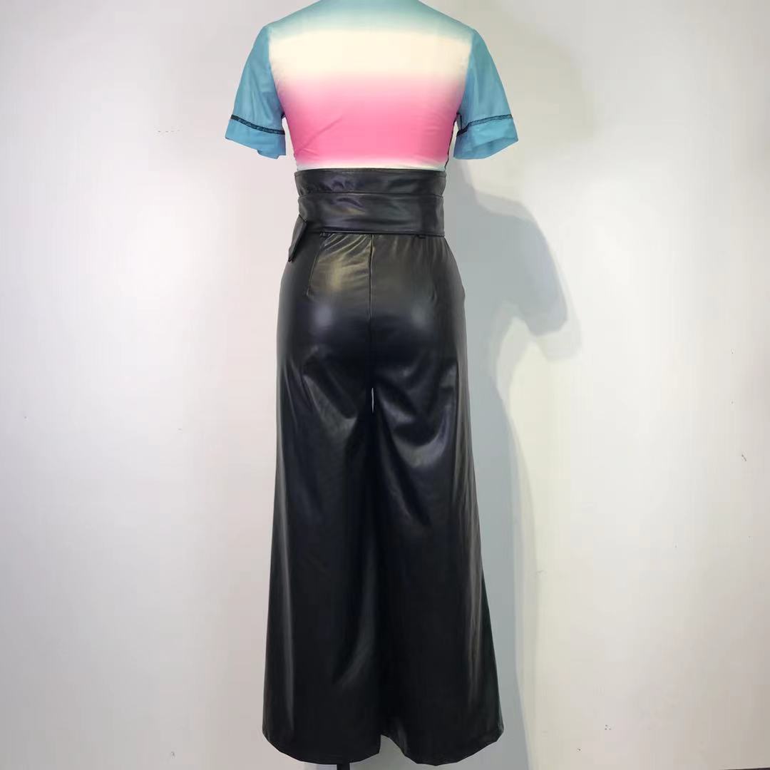 High Waist Faux Leather Wide Leg Pants with Metal Belt