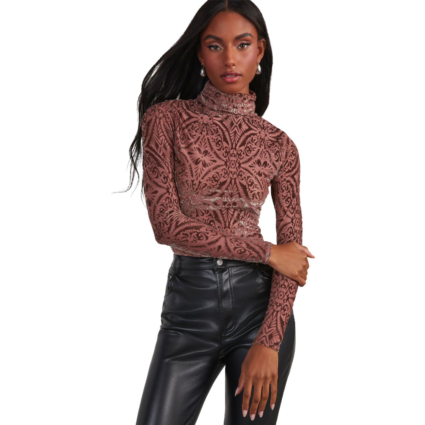 Turtleneck Stretch Velvet Burnt Long Sleeve Shirt  Shop One Place