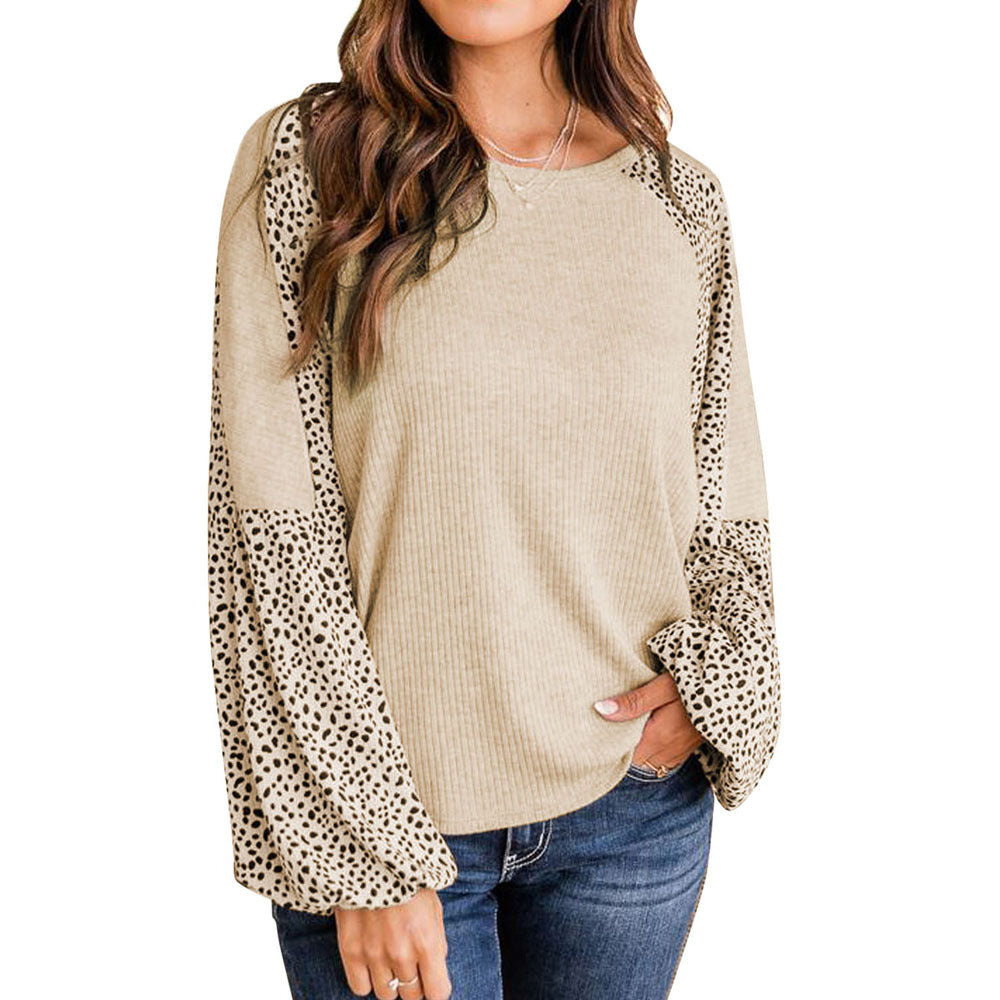 Long-Sleeved Leopard Print Crew Neck Blouse