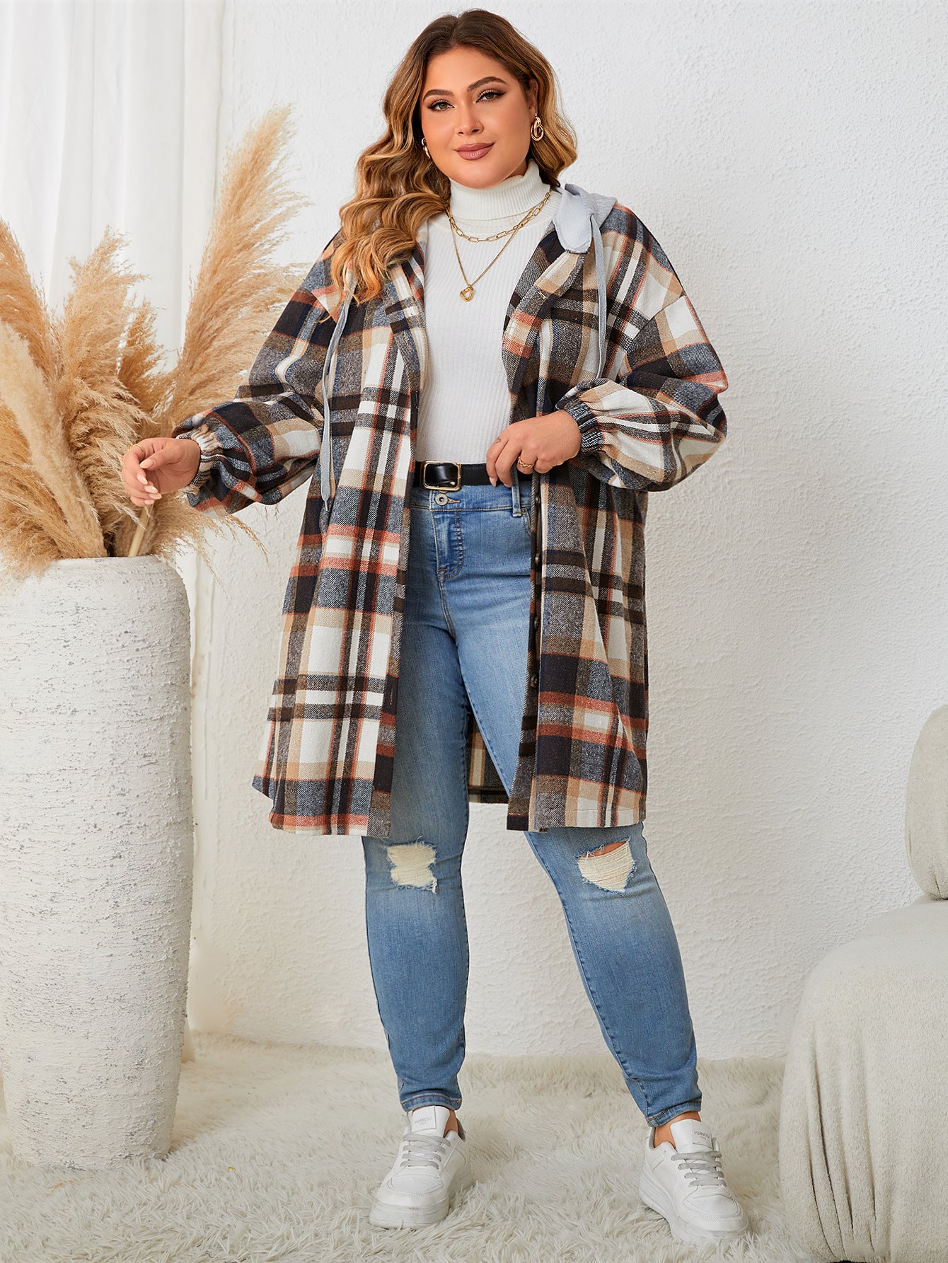 Plus Size Women's Plaid Hooded Mid Length Coat