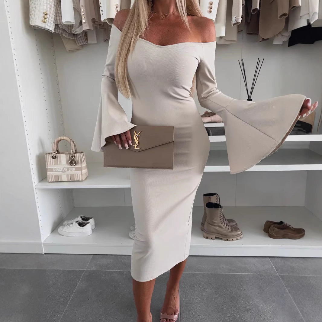 Slim off Shoulder Flared Long Sleeves Dress  Shop One Place