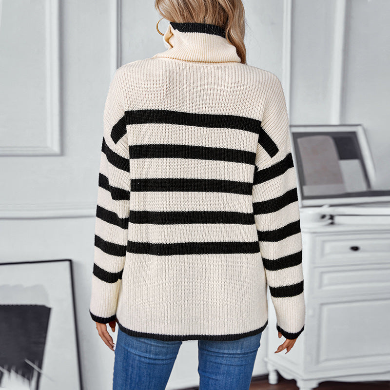 Striped Collared Pullover Casual Button Sweater