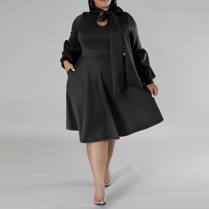 Plus Size Women's Scarf Long Sleeved Bubble Sleeve Mid Length Dress