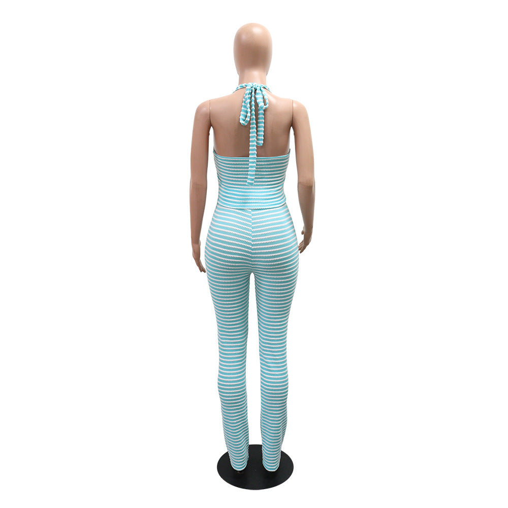 Knotted Short Sexy Top Match Slim Fit Pencil Pants Two-Piece Jacquard Stripes  Shop One Place