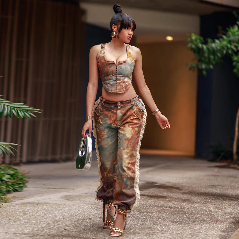 Women Clothing Camouflage Vest Sexy Bare Cropped High Waist Trousers Printed Tassel Blouse Pants