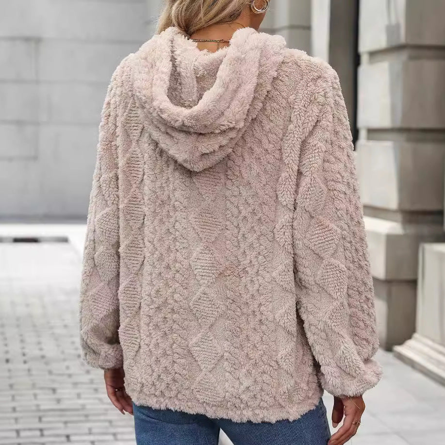 Plush Jacquard Fabric Long Sleeve Loose Hooded Pullover Sweater - Shop One Place