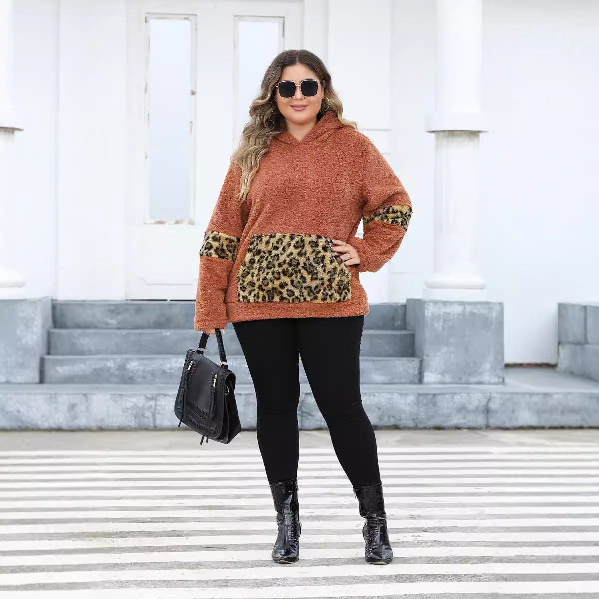 Plus Size Women Hooded Leopard Pocket Fleece Sweatshirt  Shop One Place