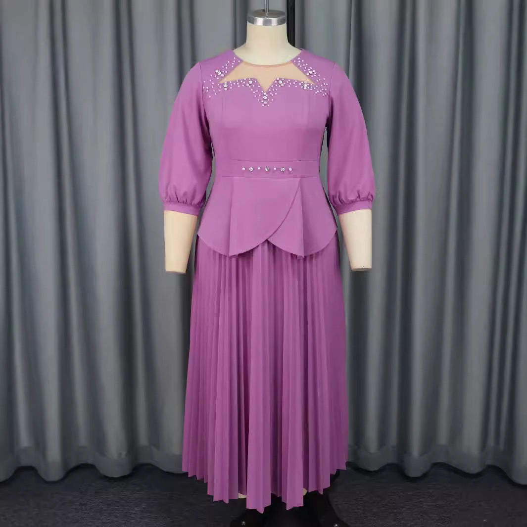 See through Collar Lantern Sleeve Pleated Dress