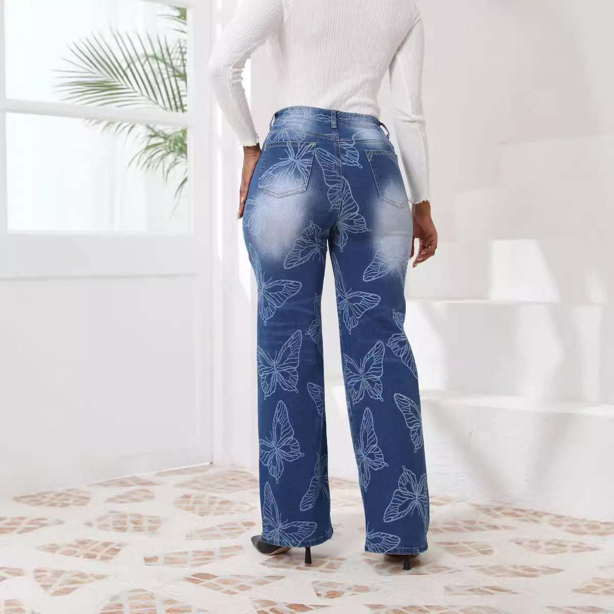 Jacquard Wide Leg Straight Jeans