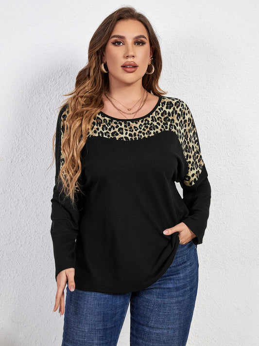 Plus Size Leopard Print Long Sleeve round Neck Top