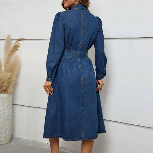 Denim Waist Controlled Long Sleeves Dress  Shop One Place