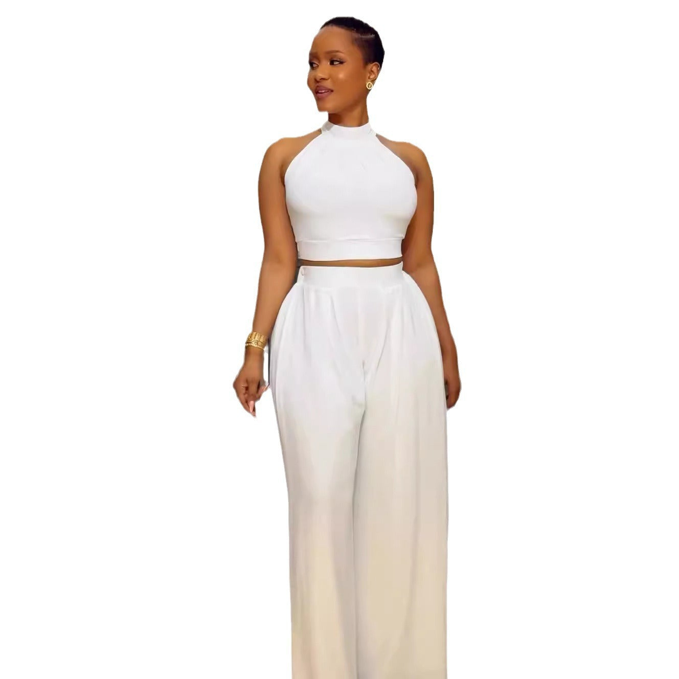 Sexy Pleated Sleeveless High Waist Top Wide Leg Pants Two Piece Set