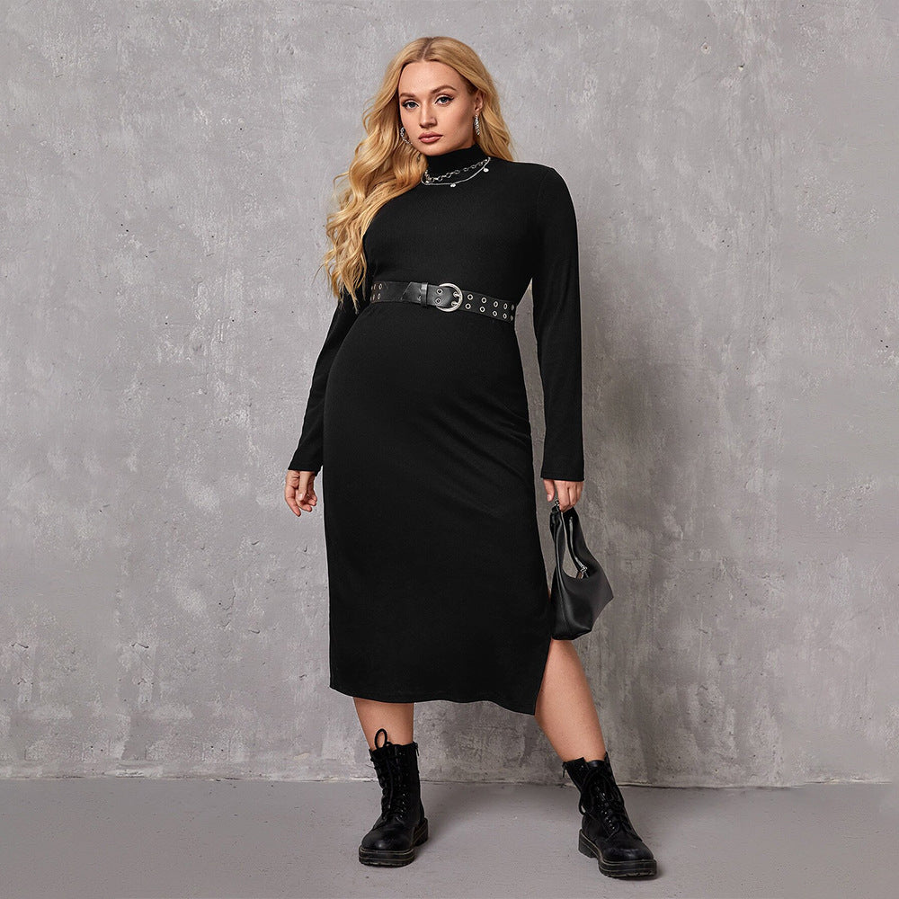 Plus Size Turtleneck Belted Mid Length Long Sleeve Dress