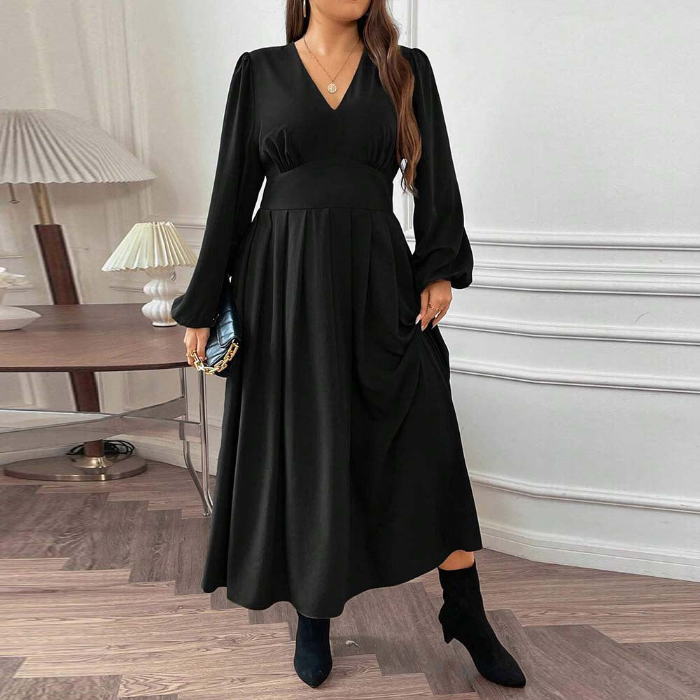 Plus Size Women Clothing Sexy V Neck Waist Puff Sleeve Midi Dress Large Swing Dress