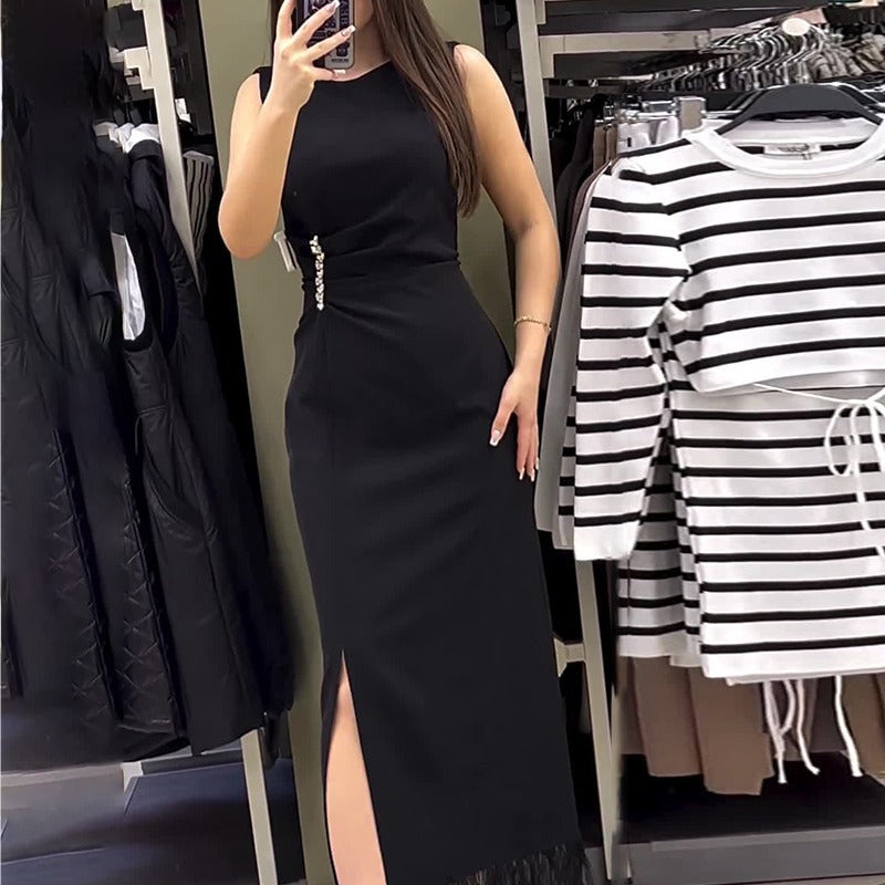 Spring Round Neck Solid Color Sleeveless Slim Bottom Tassel Dress