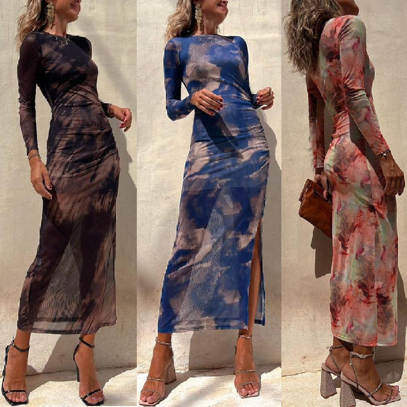 Autumn Mesh Sexy Print Slim Stretch Long Sleeve Dress  Shop One Place