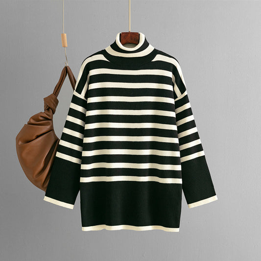 Striped Turtleneck Loose Design Pullover Sweater  Shop One Place