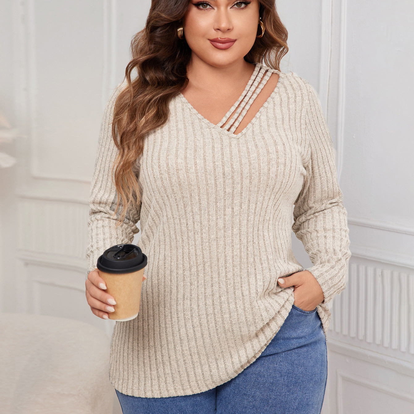 Plus Size V neck Loose Fitting Sweater